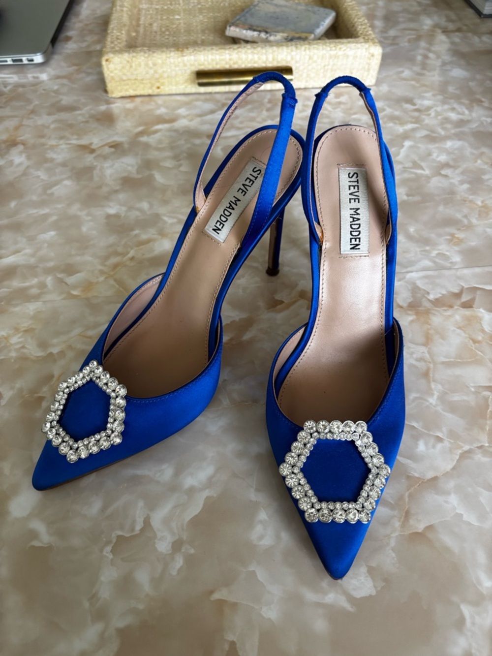 Steve Madden Cobalt Blue Satin Slingback Pumps with Crystal Hex Embellishment